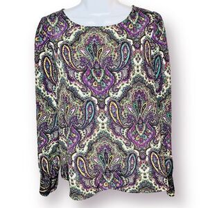 J.Crew Factory Paisley Puff Sleeve Satin Blouse Purple Cream XS